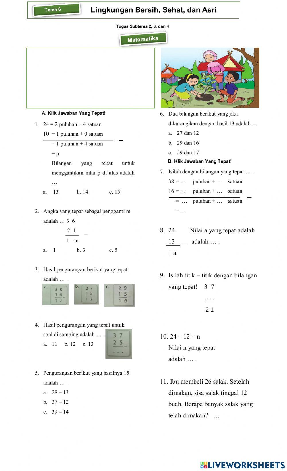 Tugas Matematika Kelas 1 Tema 6 Subtema 2, 3, dan 4