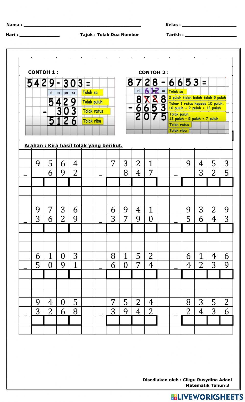 Tolak dua nombor tahun 3