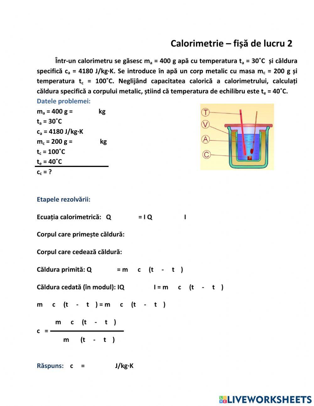 Calorimetrie - Fisă de lucru 2