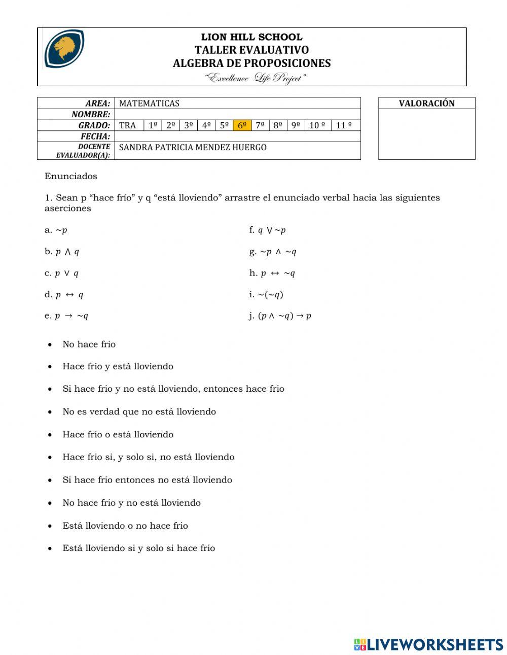 Algebra de proposiciones grado 6