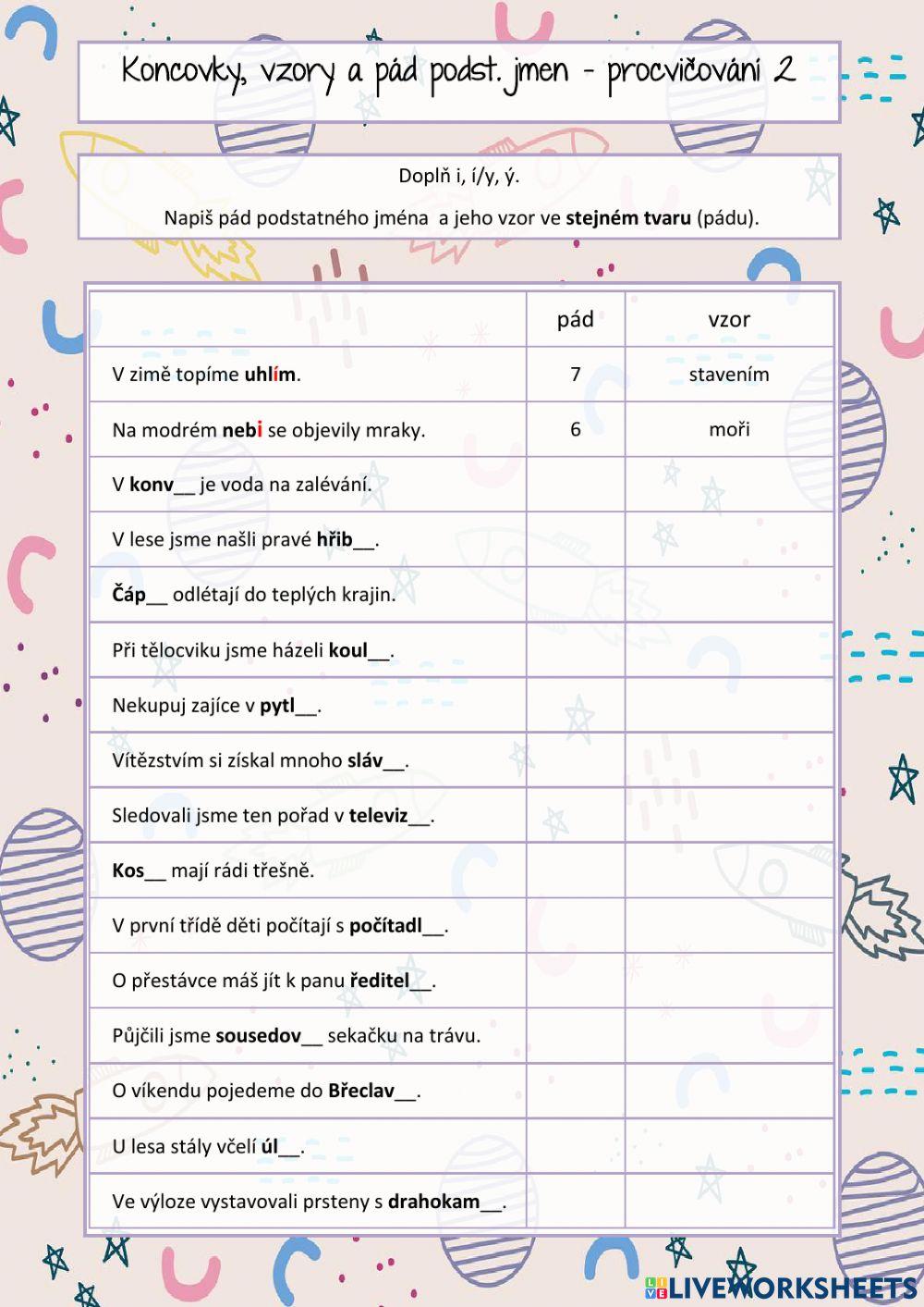 Koncovky, vzor a pád podst. jmen