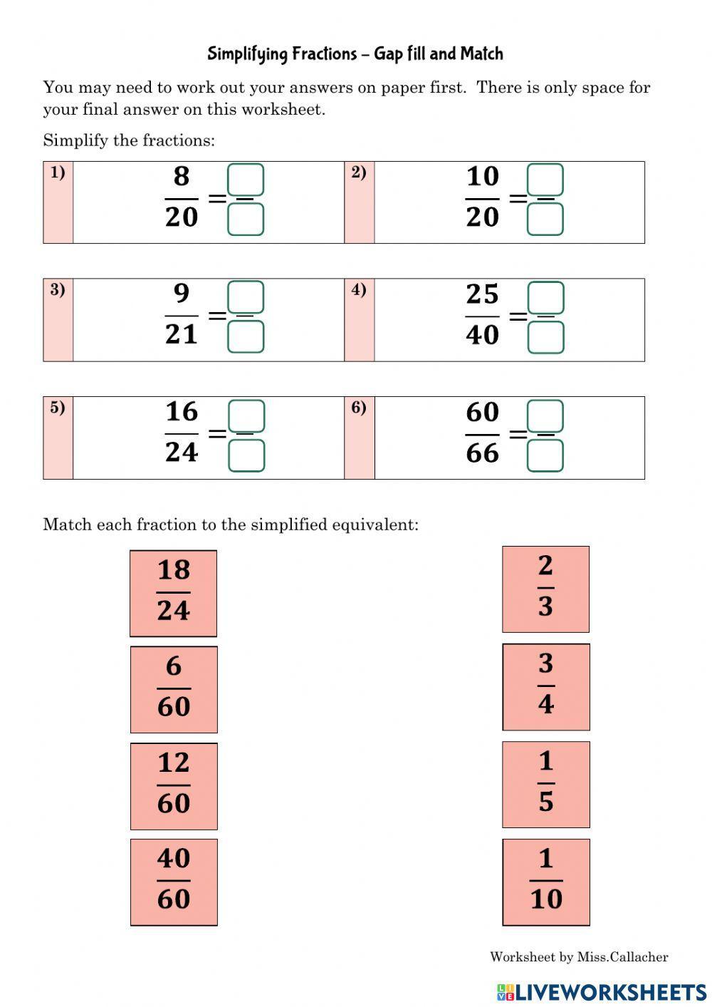 Simplifying Fractions Gap Fill and Match