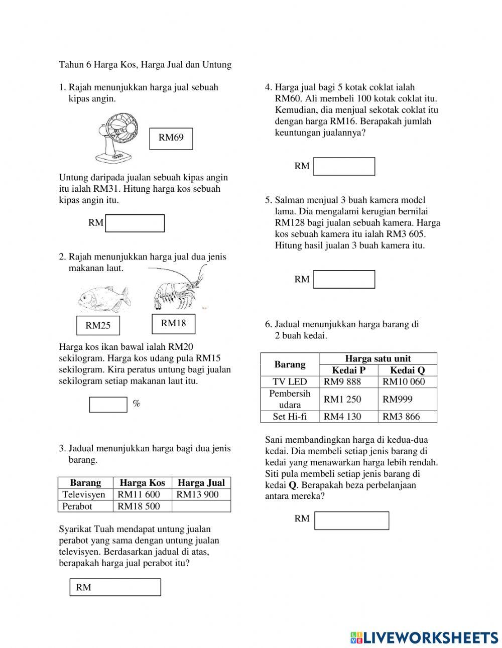 Matematik tahun 6 : Wang Harga Jual, Harga Kos dan Untung
