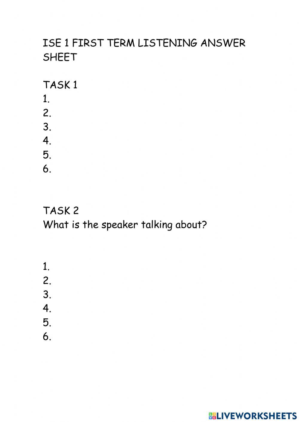 ISE1 FIRST TERM LISTENING ANSWER SHEET