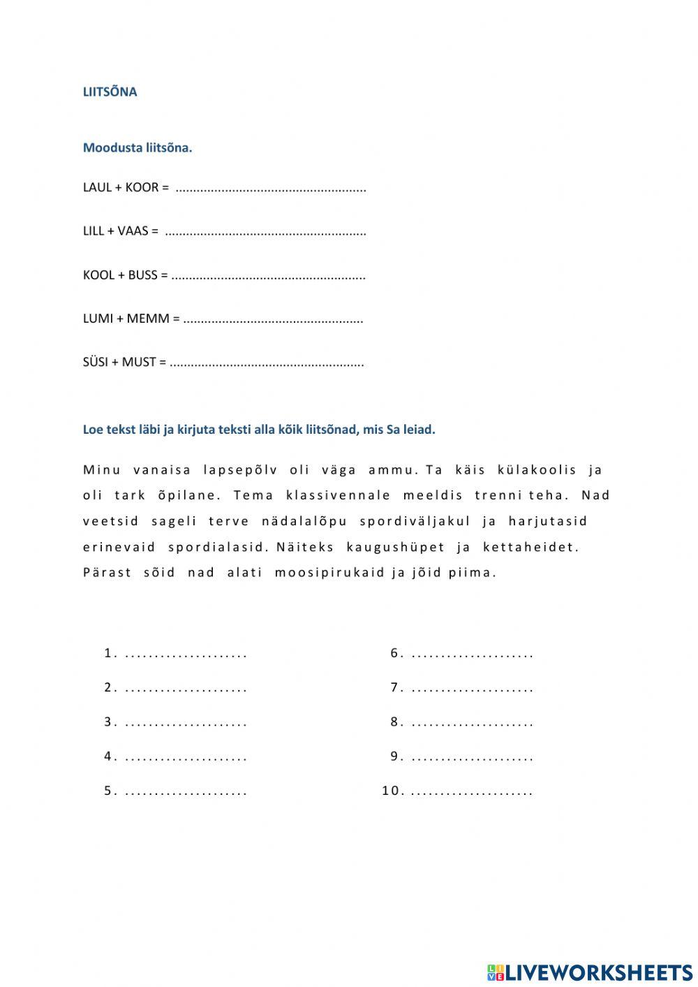 Liitsõna, 2.klass