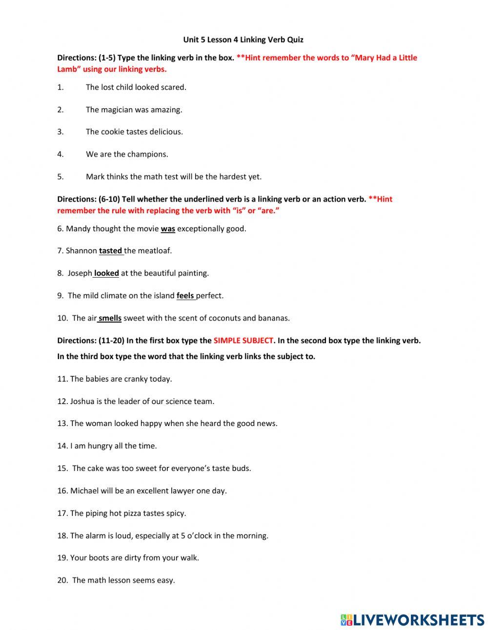 Unit 5 Lesson 4 Linking Verb Quiz
