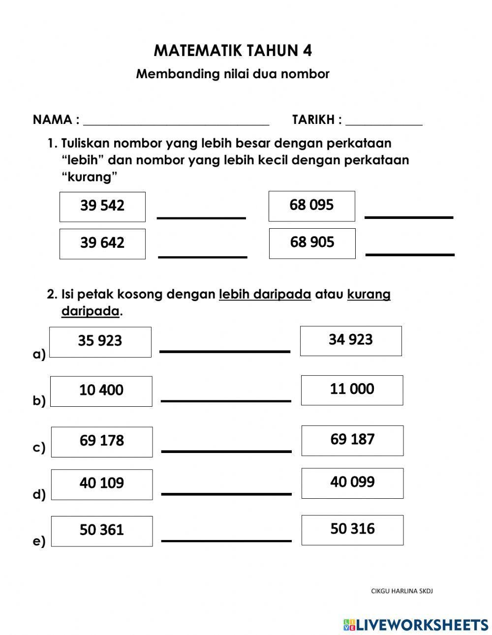 Banding dan susun nombor  MT Tahun 4