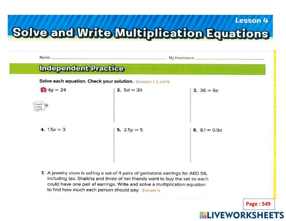 Multiplication equation worksheet Live Worksheets
