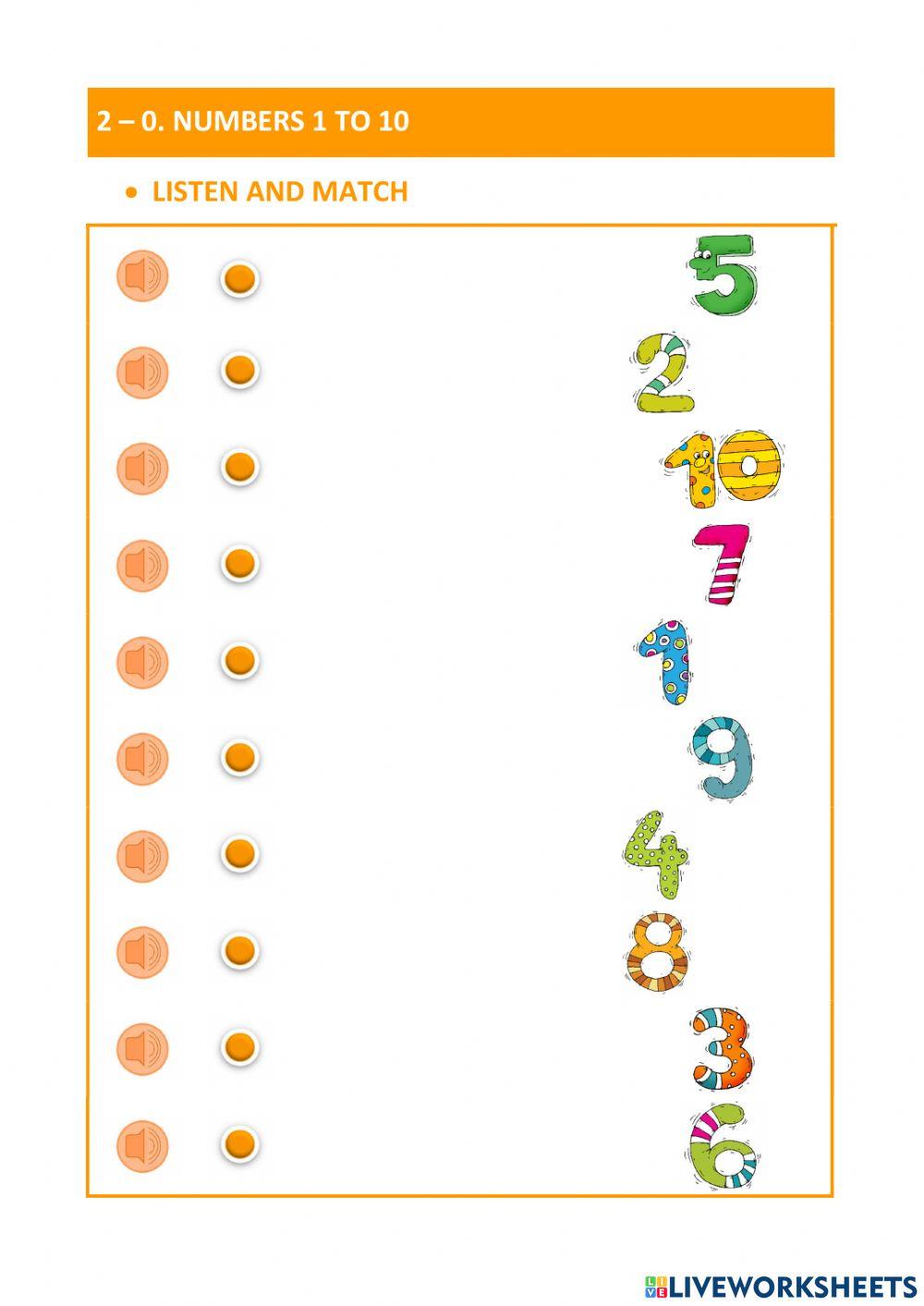 2-0. NUMBERS 1-10. LISTEN, READ AND MATCH