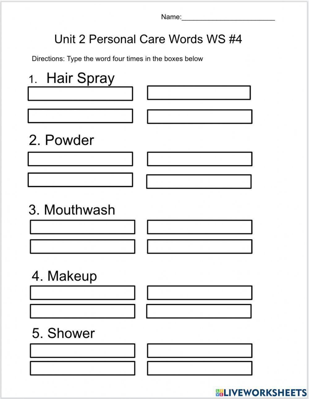 Unit 2 Personal Care Words Write the Words WS-4