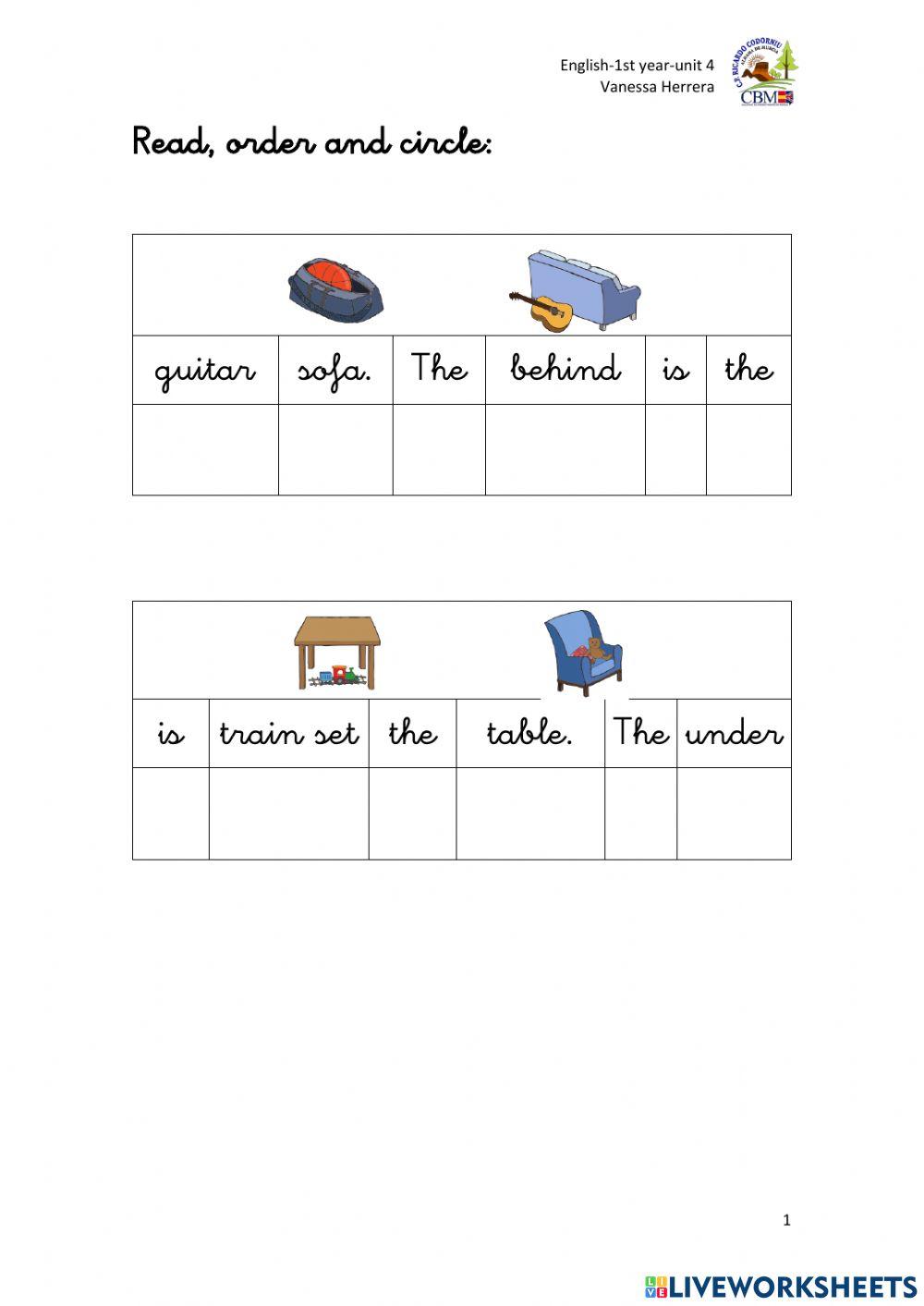 Read, order and circle. Prepositions of place and toys.