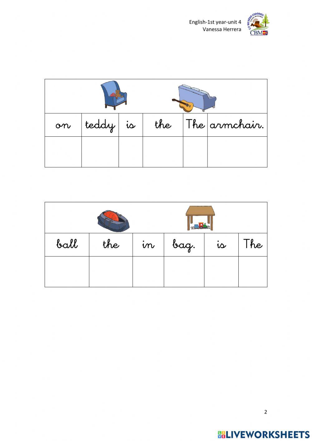 Read, order and circle. Prepositions of place and toys.
