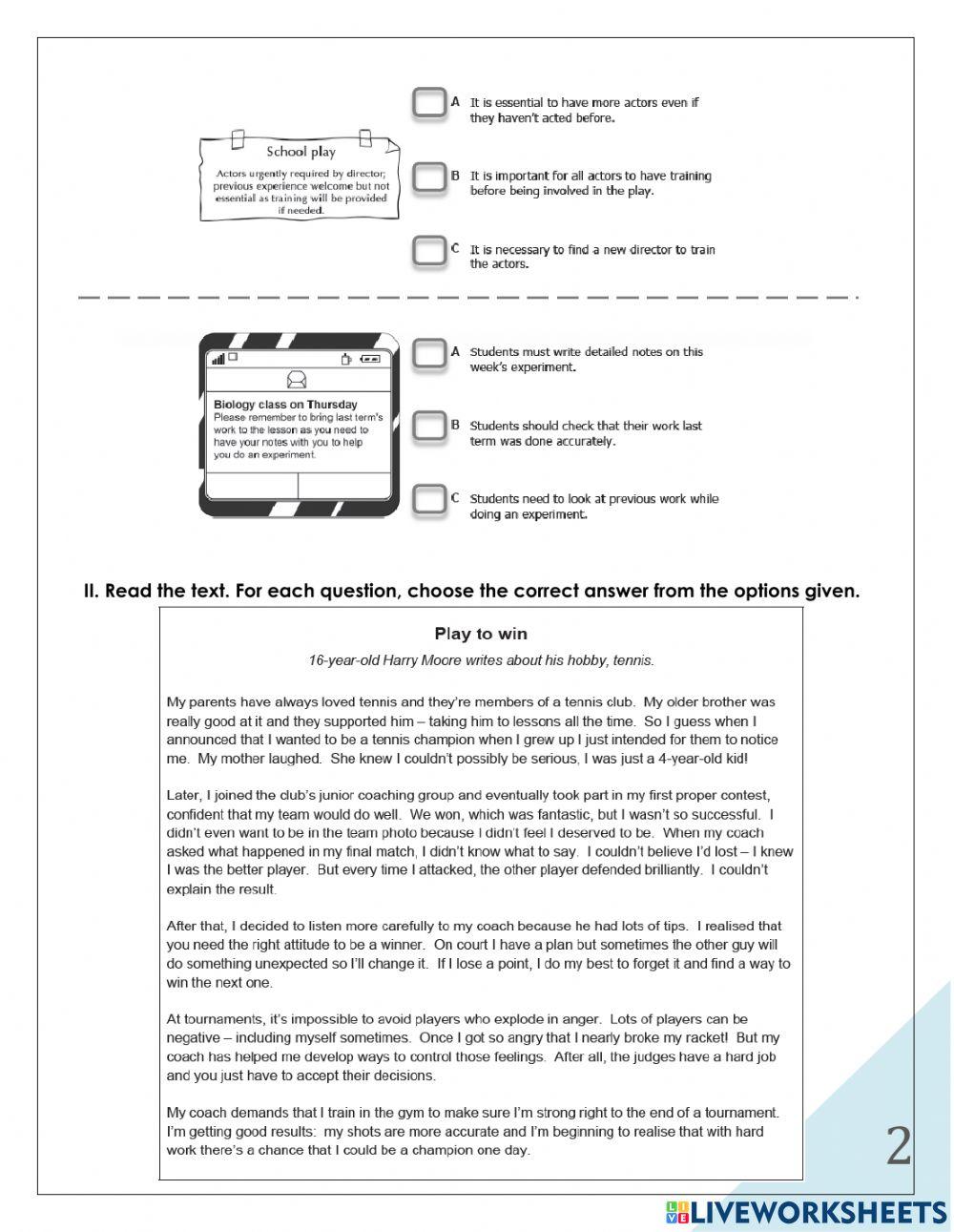 B2 Level, Reading Exam, 2nd TERM