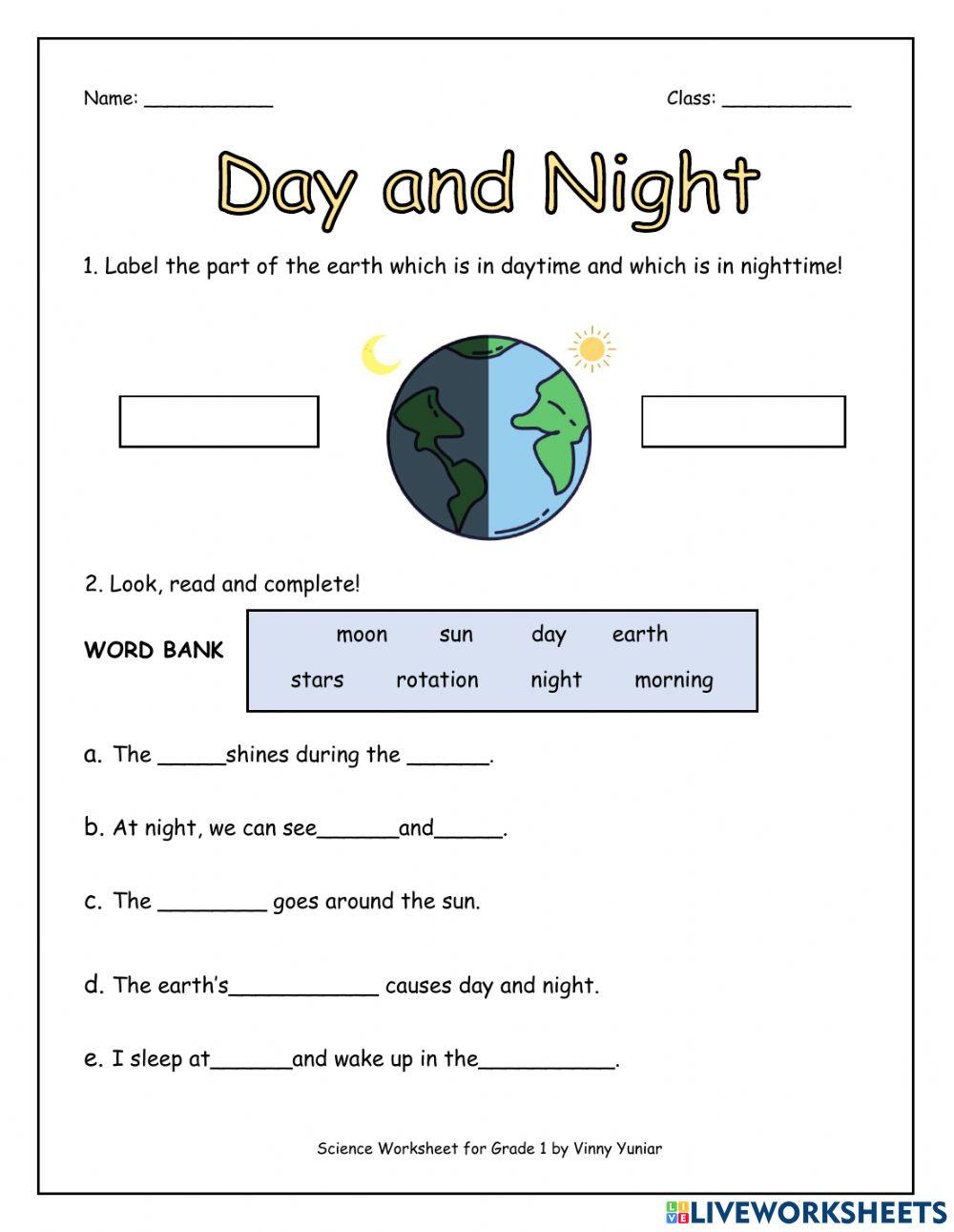 Day and Night Worksheet for Grade 1