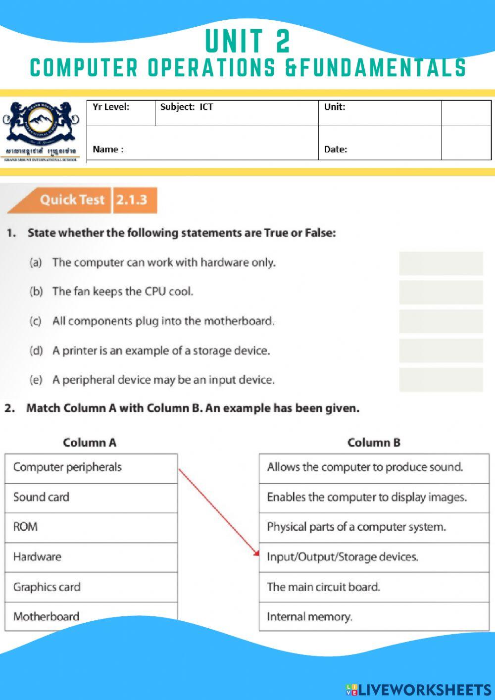 Unit 2 computer operations fundamentals worksheet live worksheets
