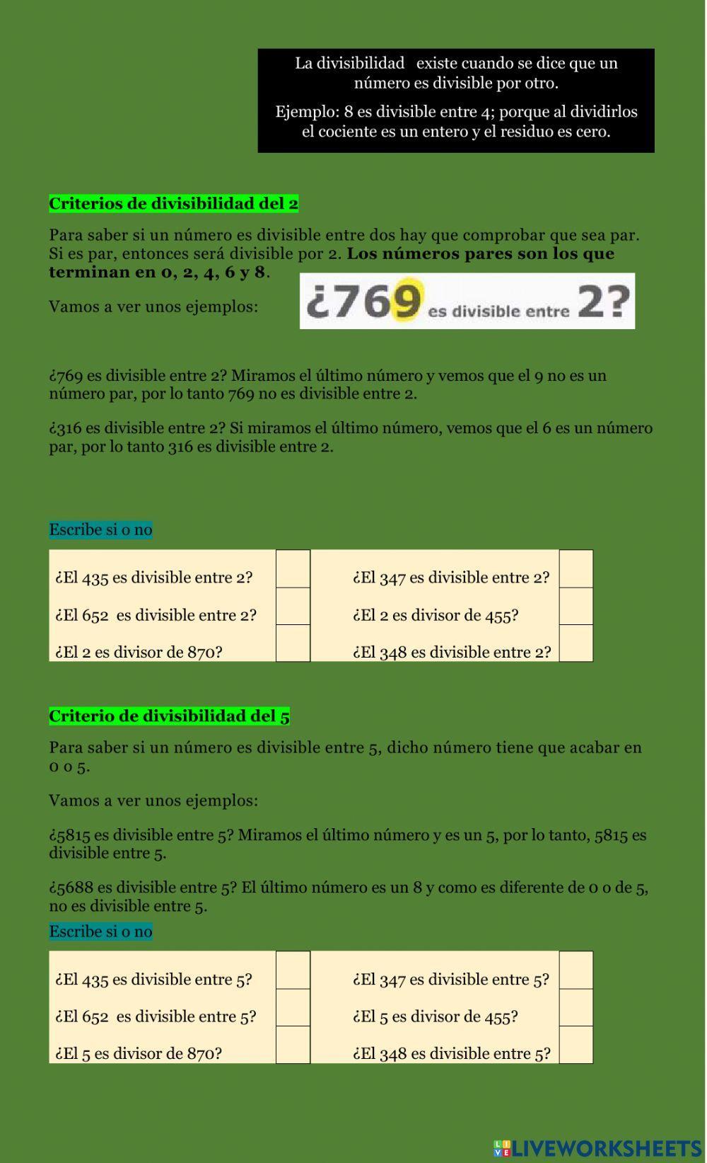 Divisores de un número: criterios de divisibilidad