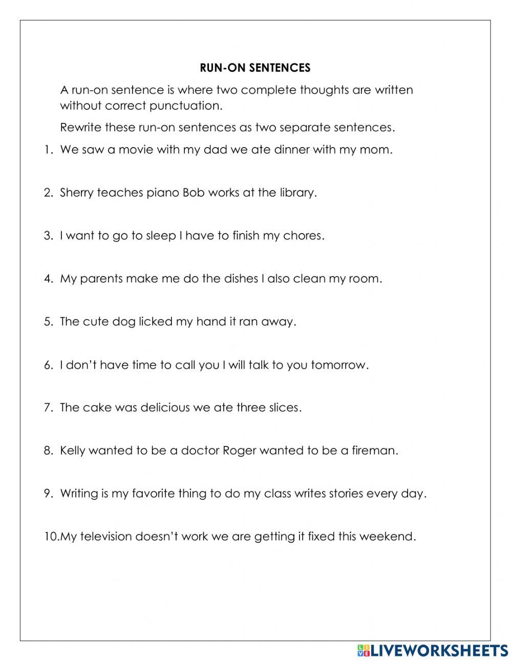 RunOn Sentences interactive exercise Live Worksheets