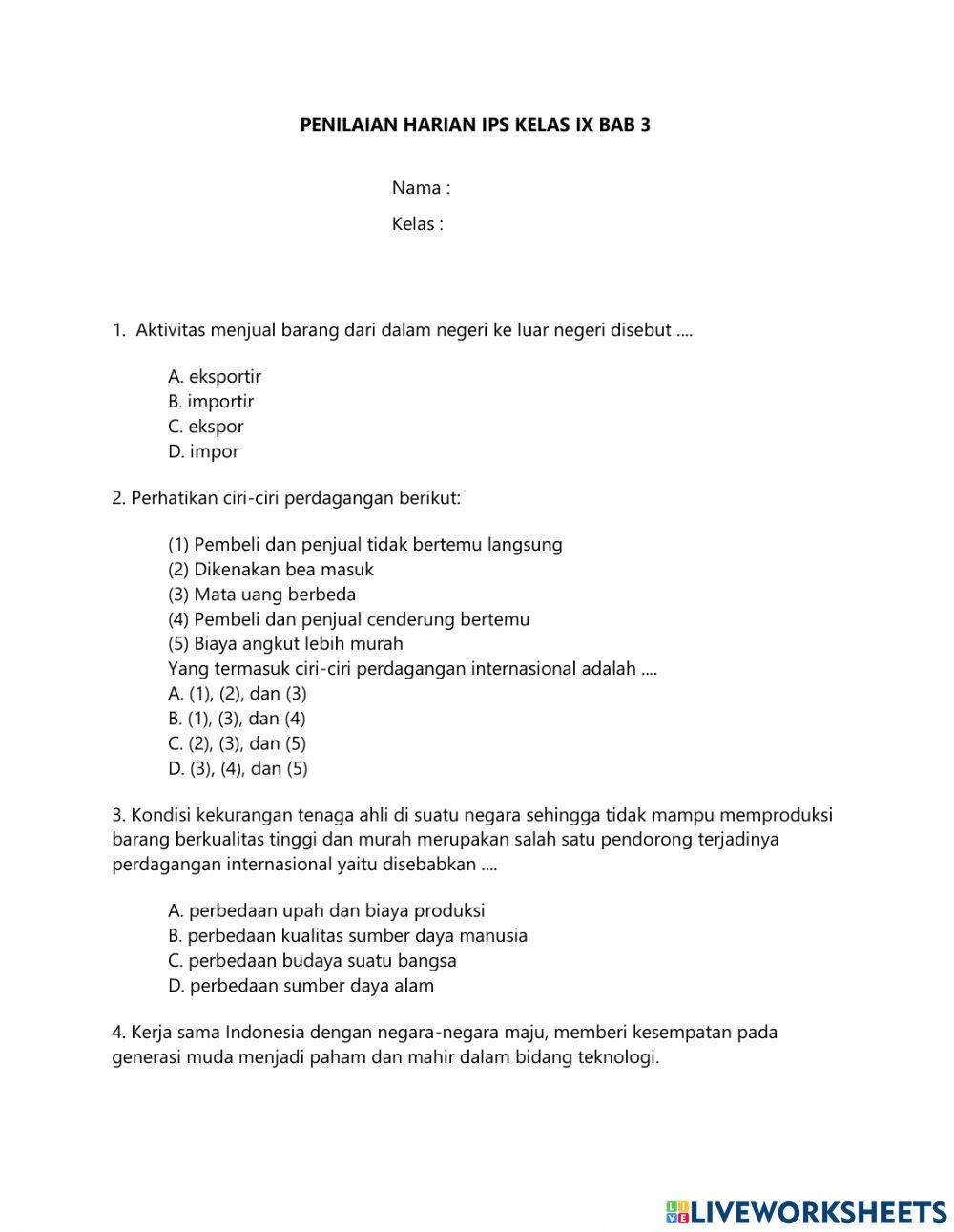 Penilaian Harian IPS Bab 3 Kelas IX