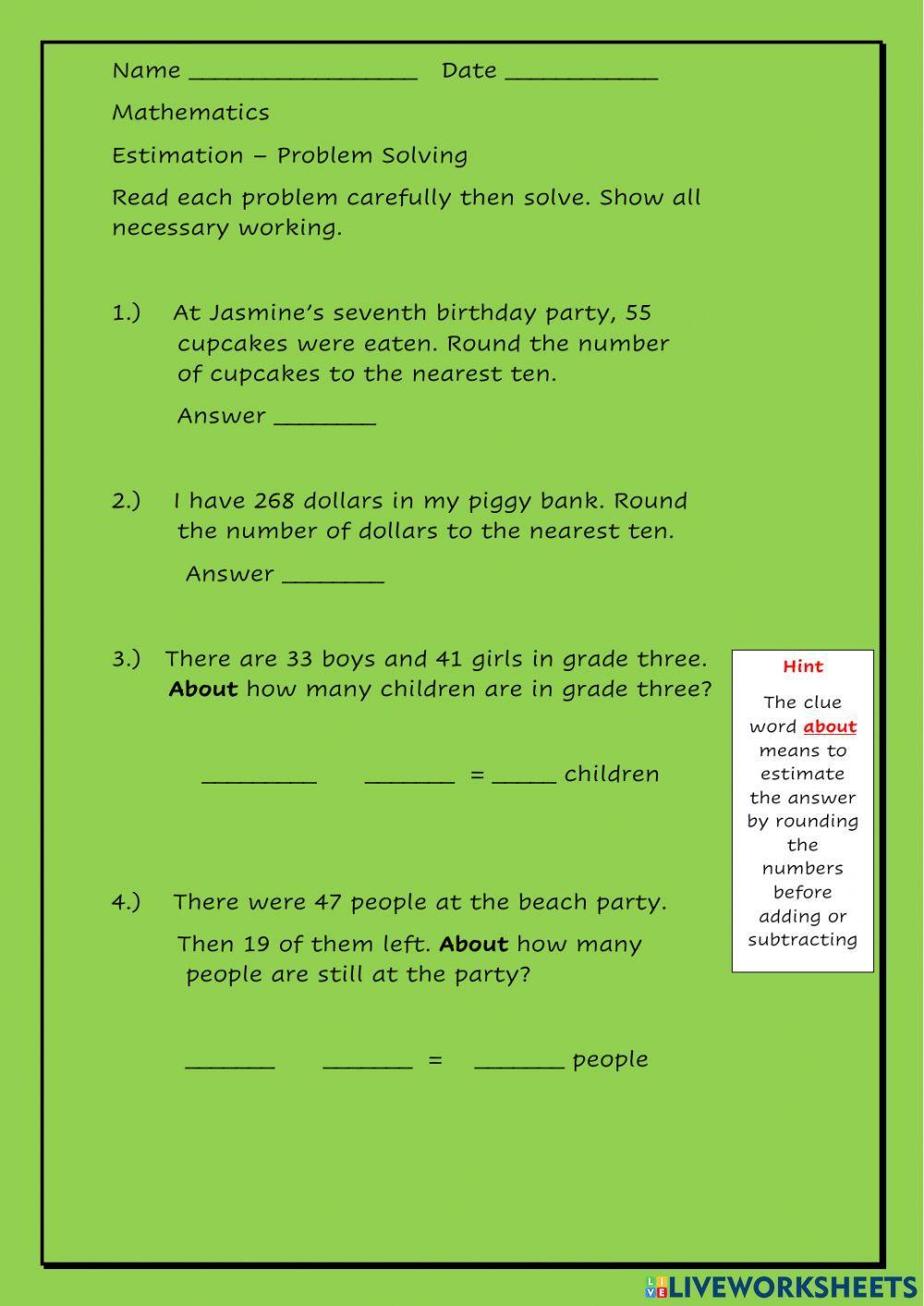 EstimatingRounding Word Problems worksheet Live Worksheets