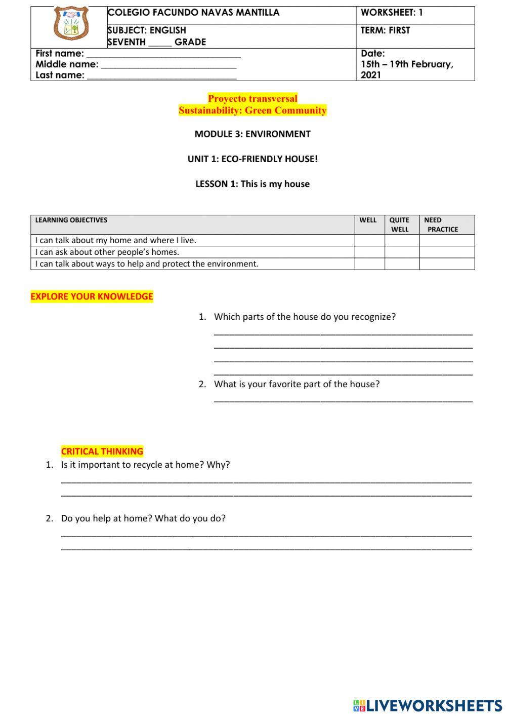 Crosscurricular project: Environment - Lesson 1: This is my house.