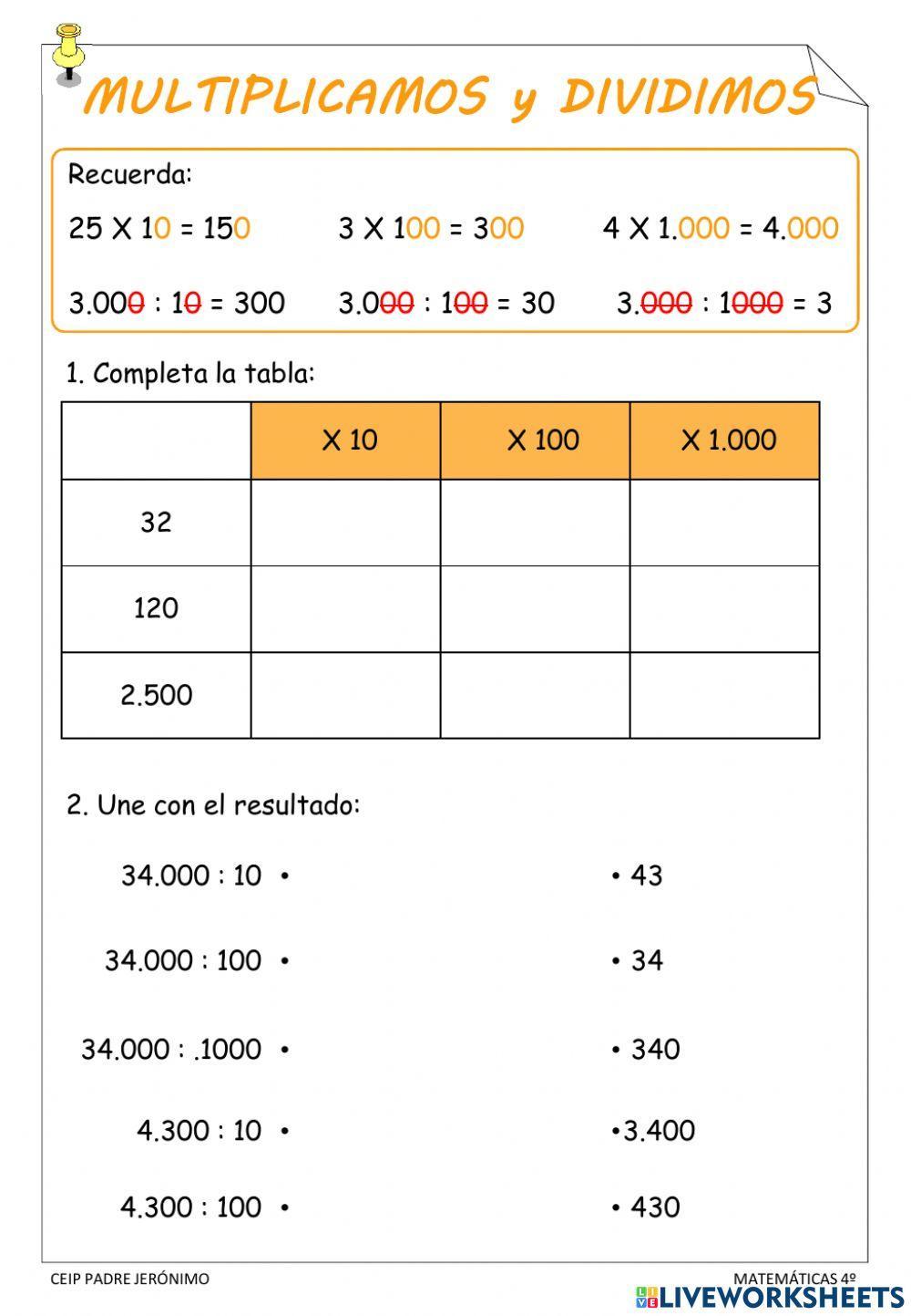 Multiplicar y dividir por 10, 100 y 1.000