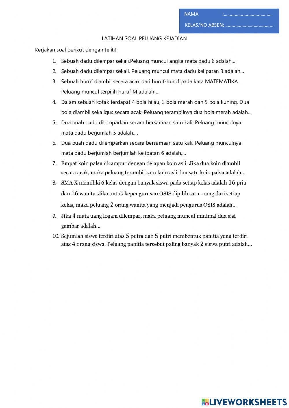 Soal latihan peluang kejadian