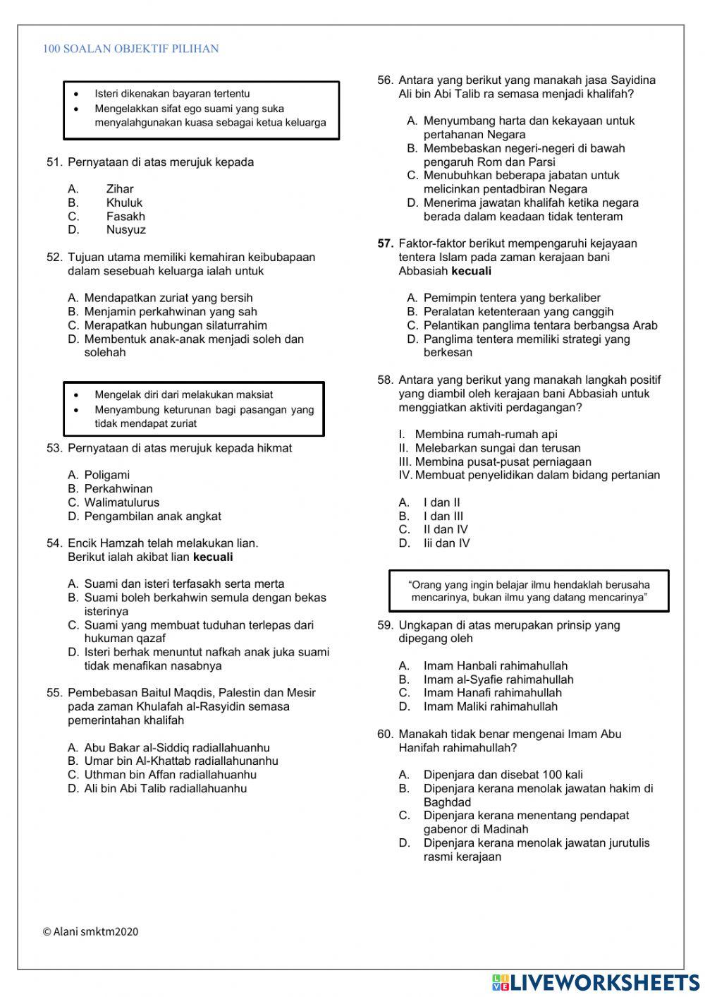 90 SOALAN OBJEKTIF PENDIDIKAN ISLAM K1