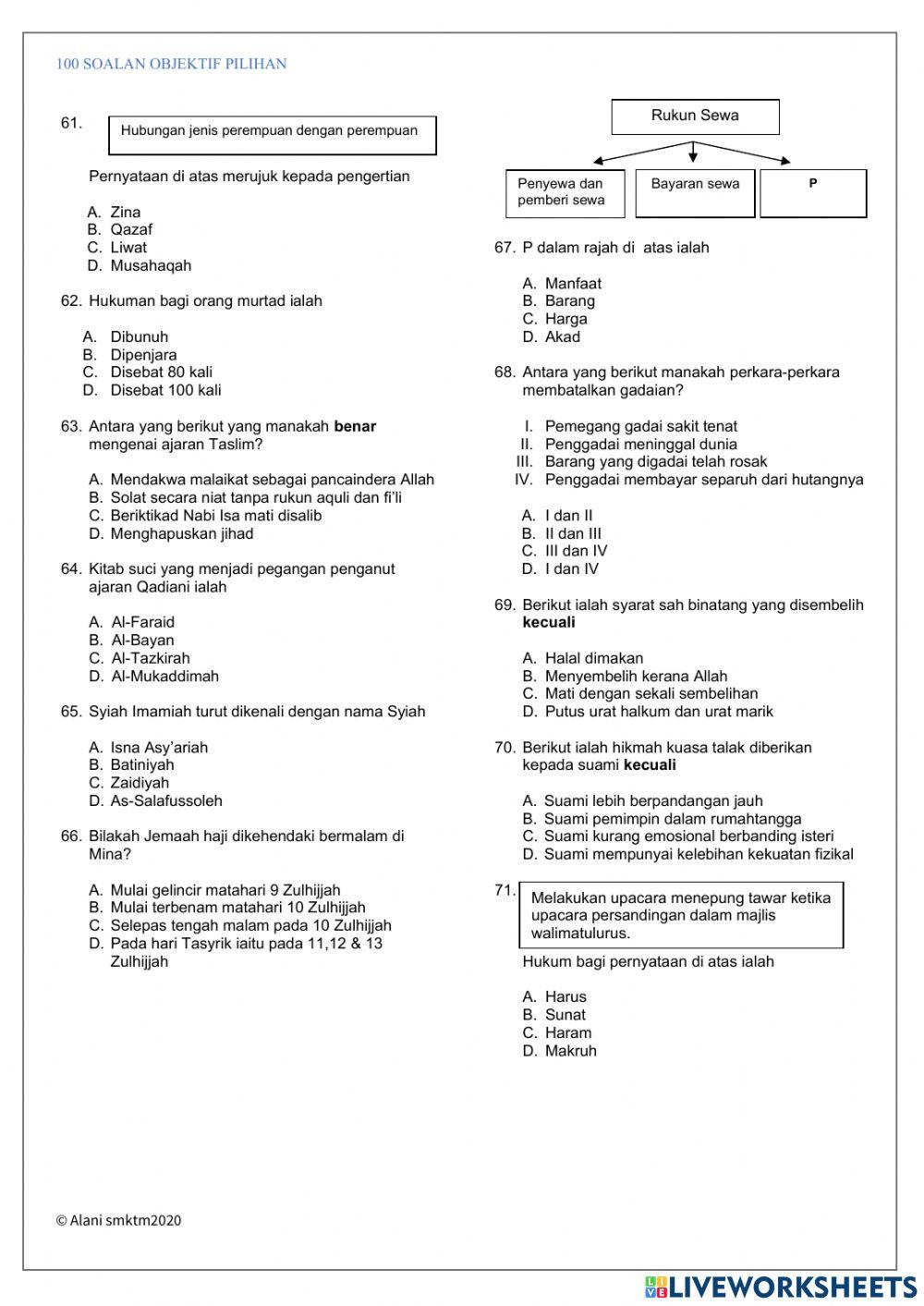 90 SOALAN OBJEKTIF PENDIDIKAN ISLAM K1