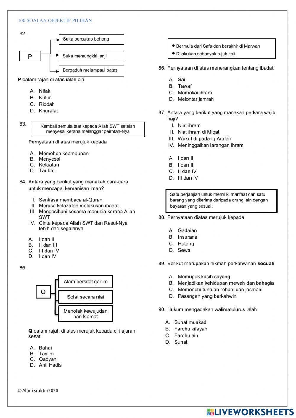 90 SOALAN OBJEKTIF PENDIDIKAN ISLAM K1