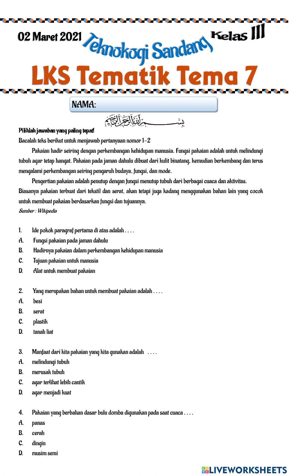 LKS Tematik tema 7 (Teknologi Sandang)