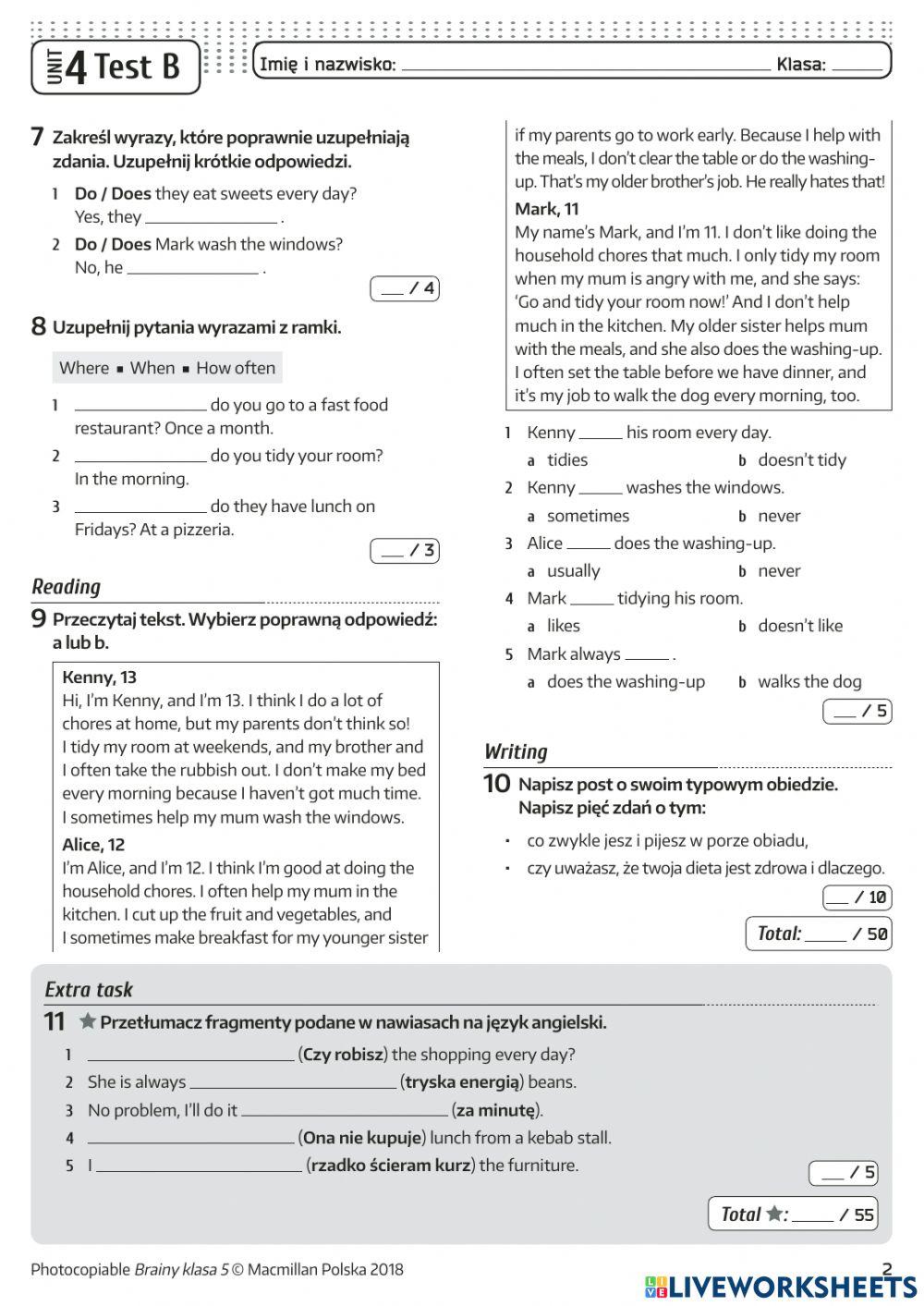 Brainy Klasa 5 Unit 4 Brainy 5 Unit 4 TEST online exercise for | Live Worksheets