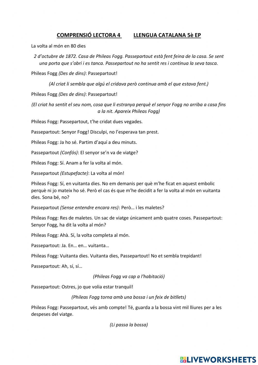 Comprensió lectora: Viatge al món en 80 dies