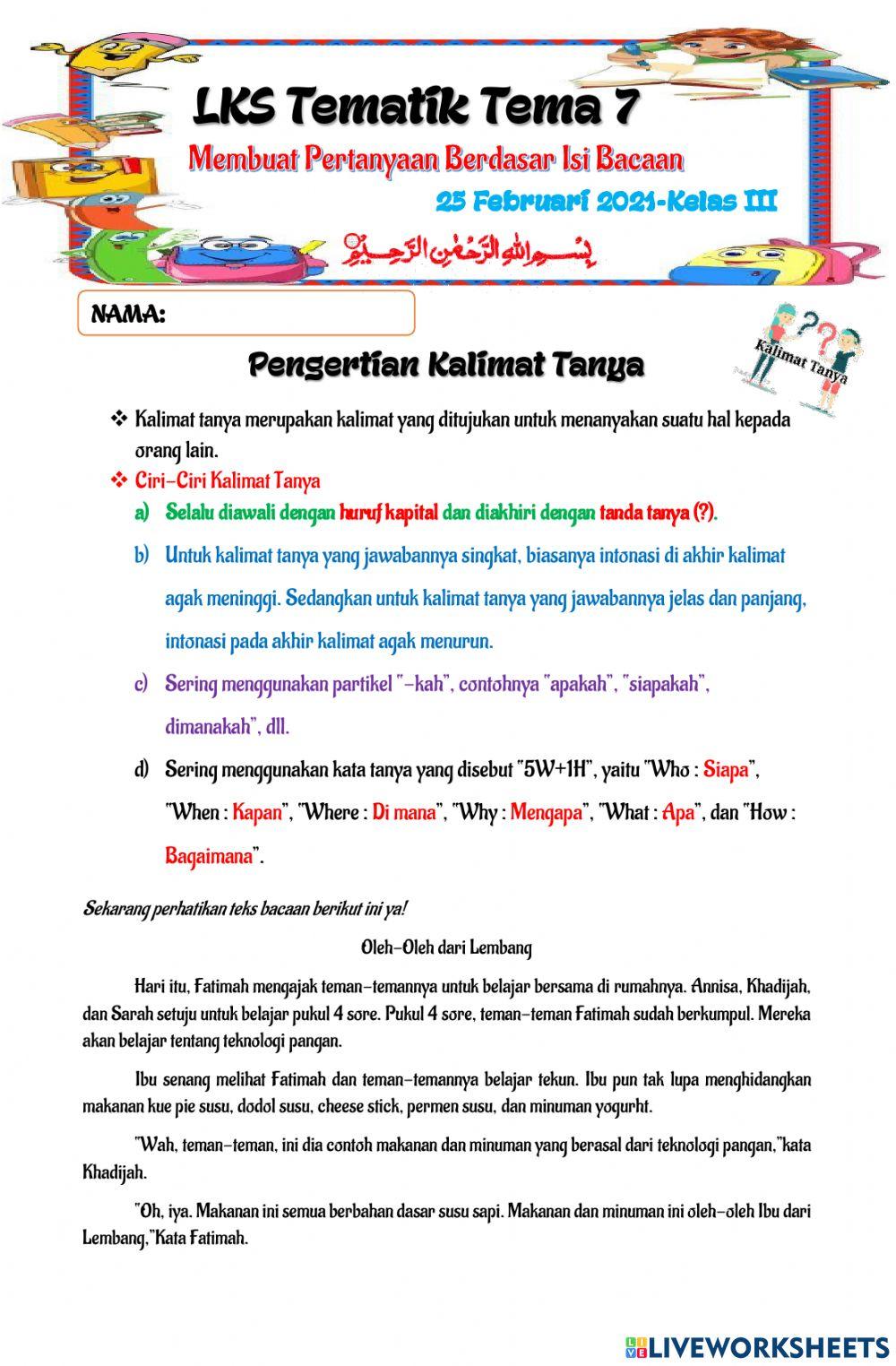 LKS Tematik Tema 7 (Membuat Pertanyaan Berdasar Isi Bacaan)