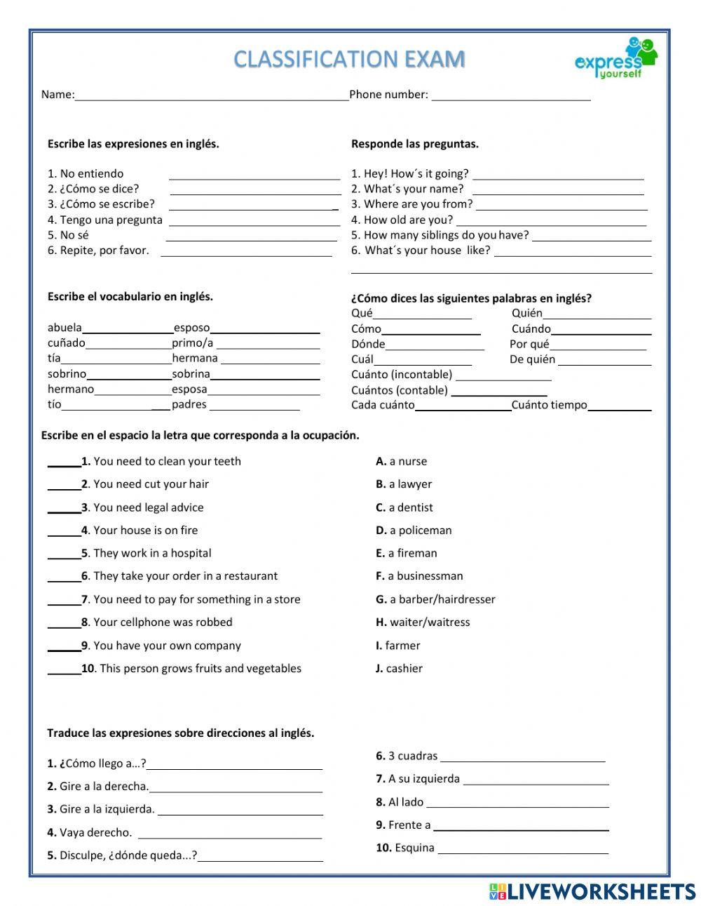 Classification exam basic online exercise for | Live Worksheets