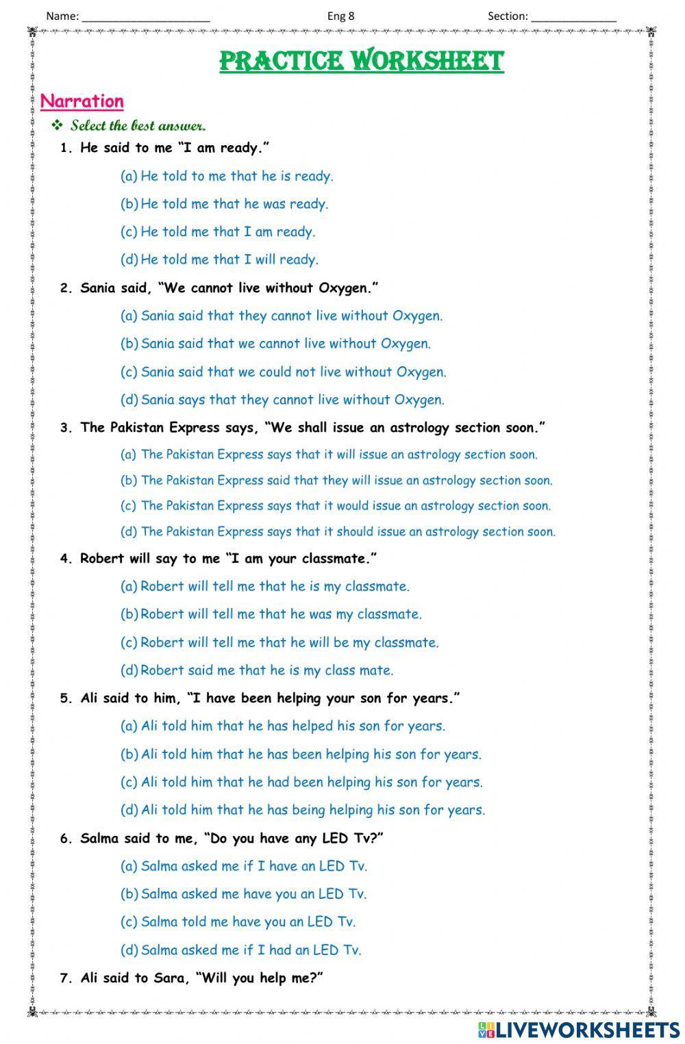 Narration Worksheet For Class 8 Narration Worksheet For Class 8