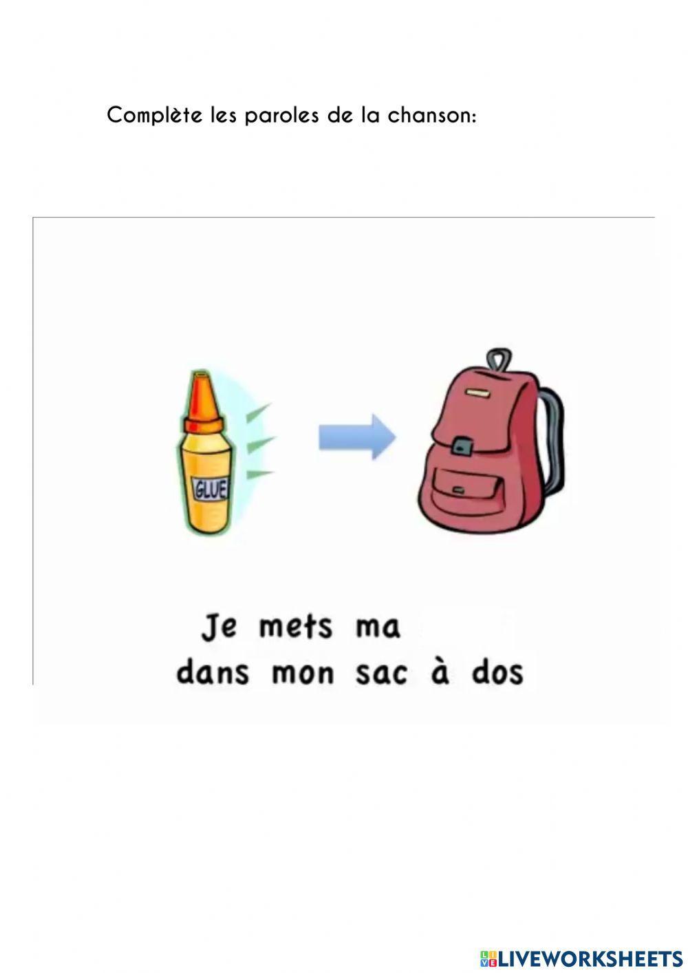 Fiche matériel scolaire-chanson -sac-à-dos mon sac-à-dos