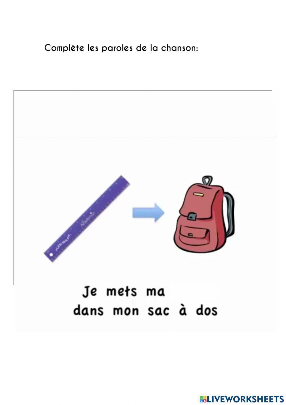 Fiche matériel scolaire-chanson -sac-à-dos mon sac-à-dos