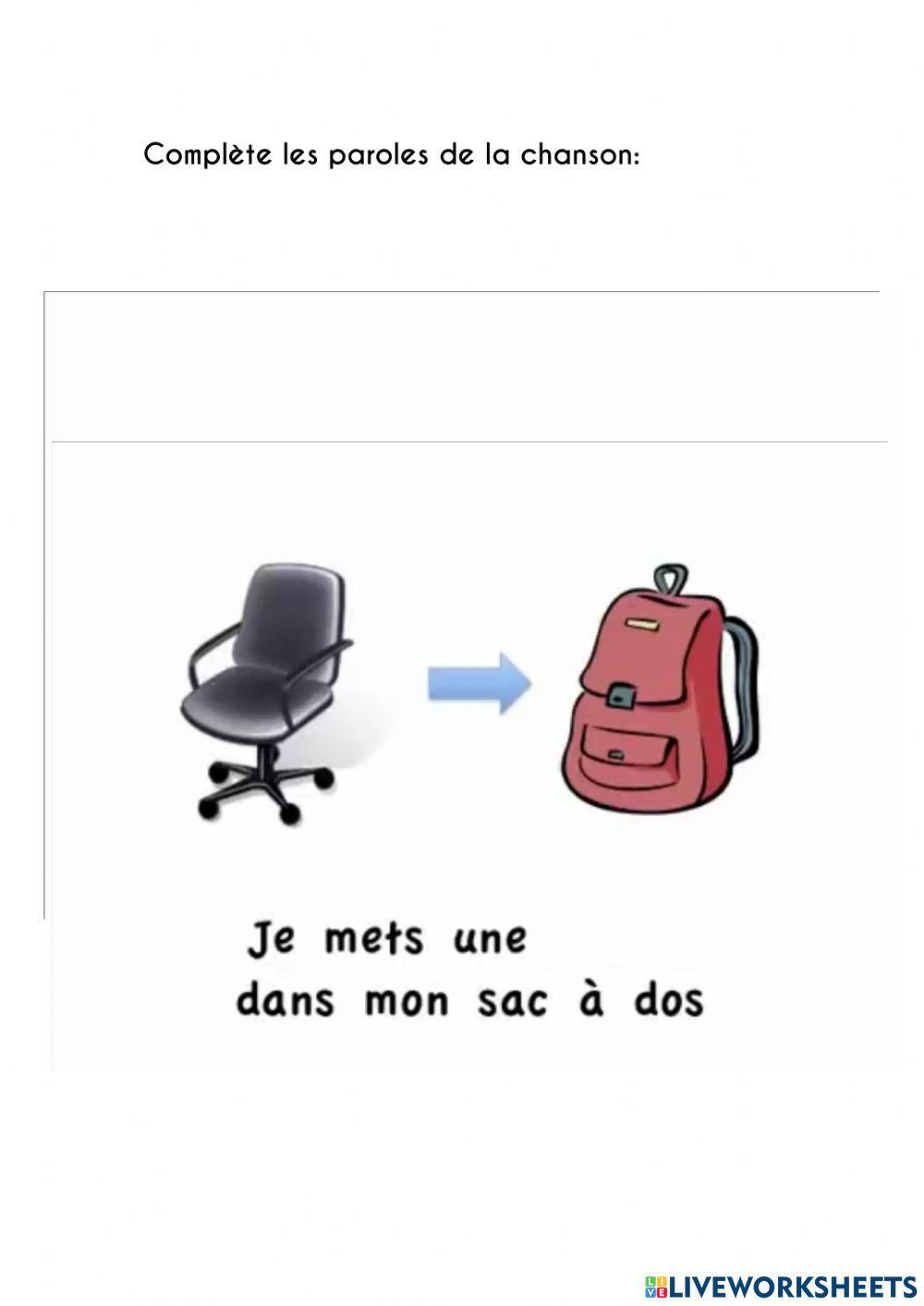 Fiche matériel scolaire-chanson -sac-à-dos mon sac-à-dos
