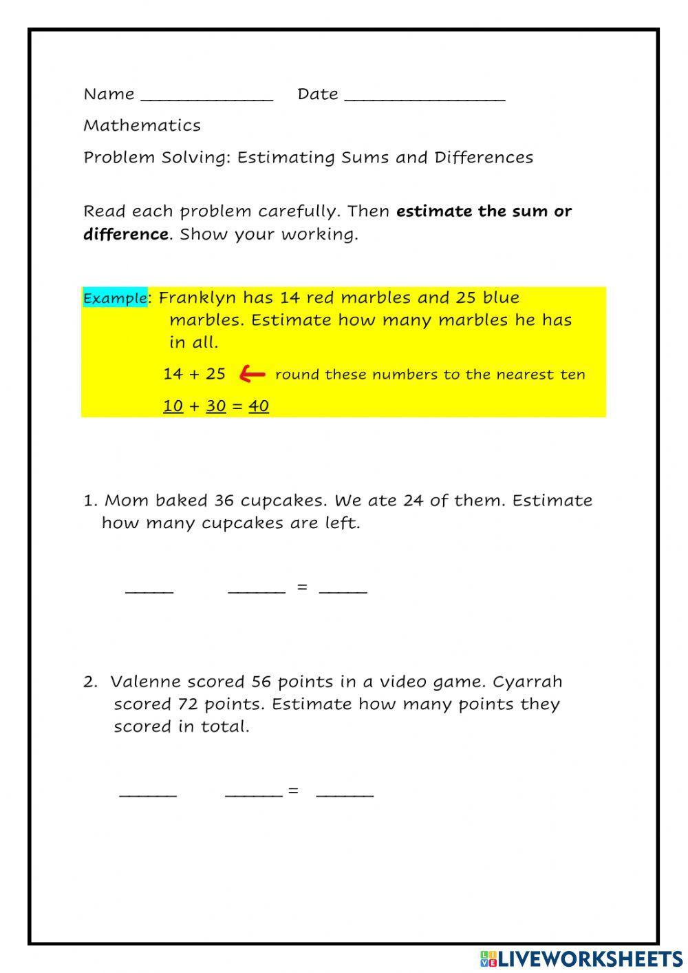 Estimating Sums and Differences Word Problems Estimating Sums and Differences Word Problems
