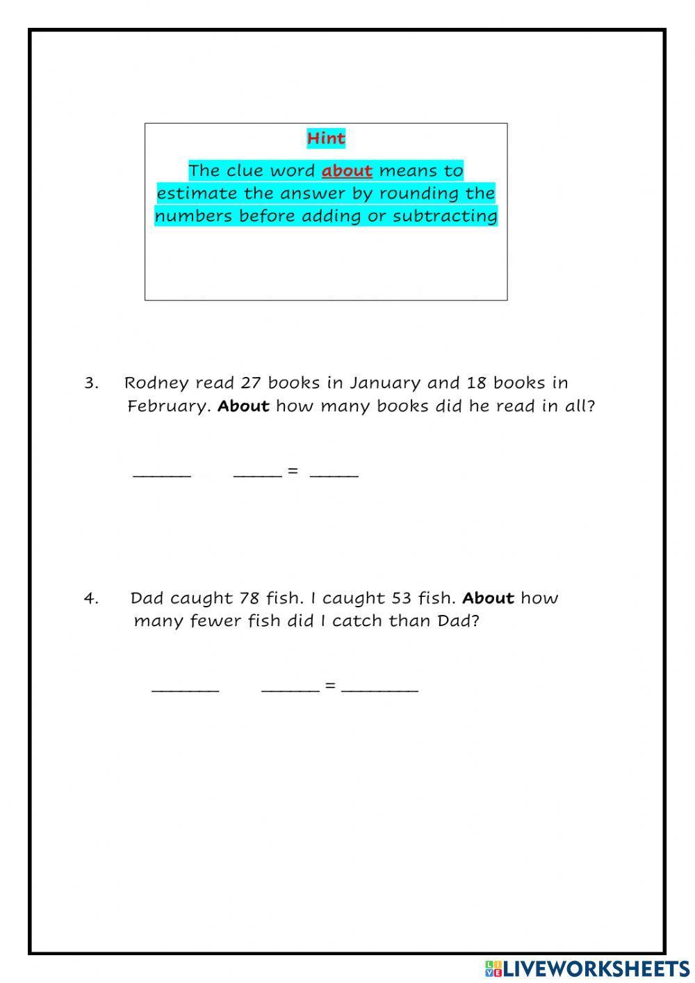 Estimating Sums and Differences Word Problems Estimating Sums and Differences Word Problems