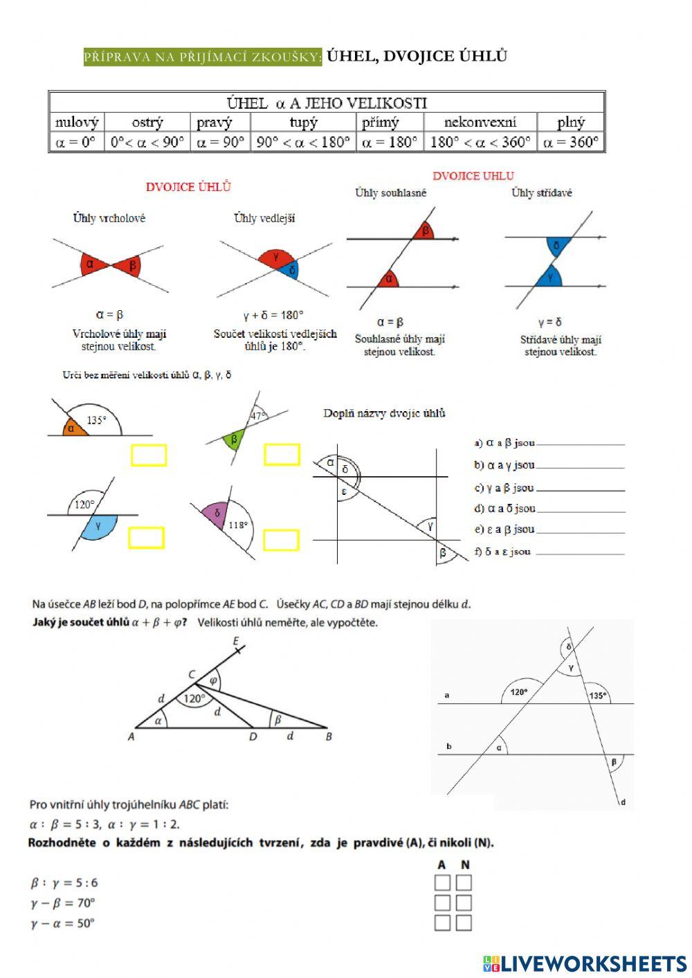 Příprava na přijímací zkoušky: úhel, dvojice úhlů