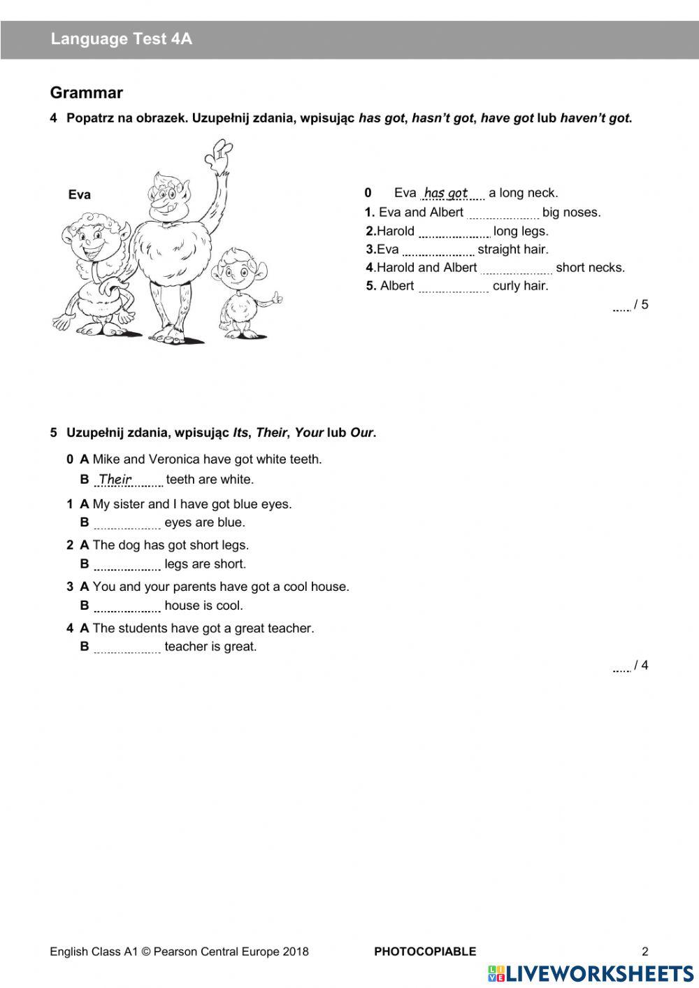 English Class A1+ Test Unit 4 English Class A1 Unit 4 test online exercise for | Live Worksheets