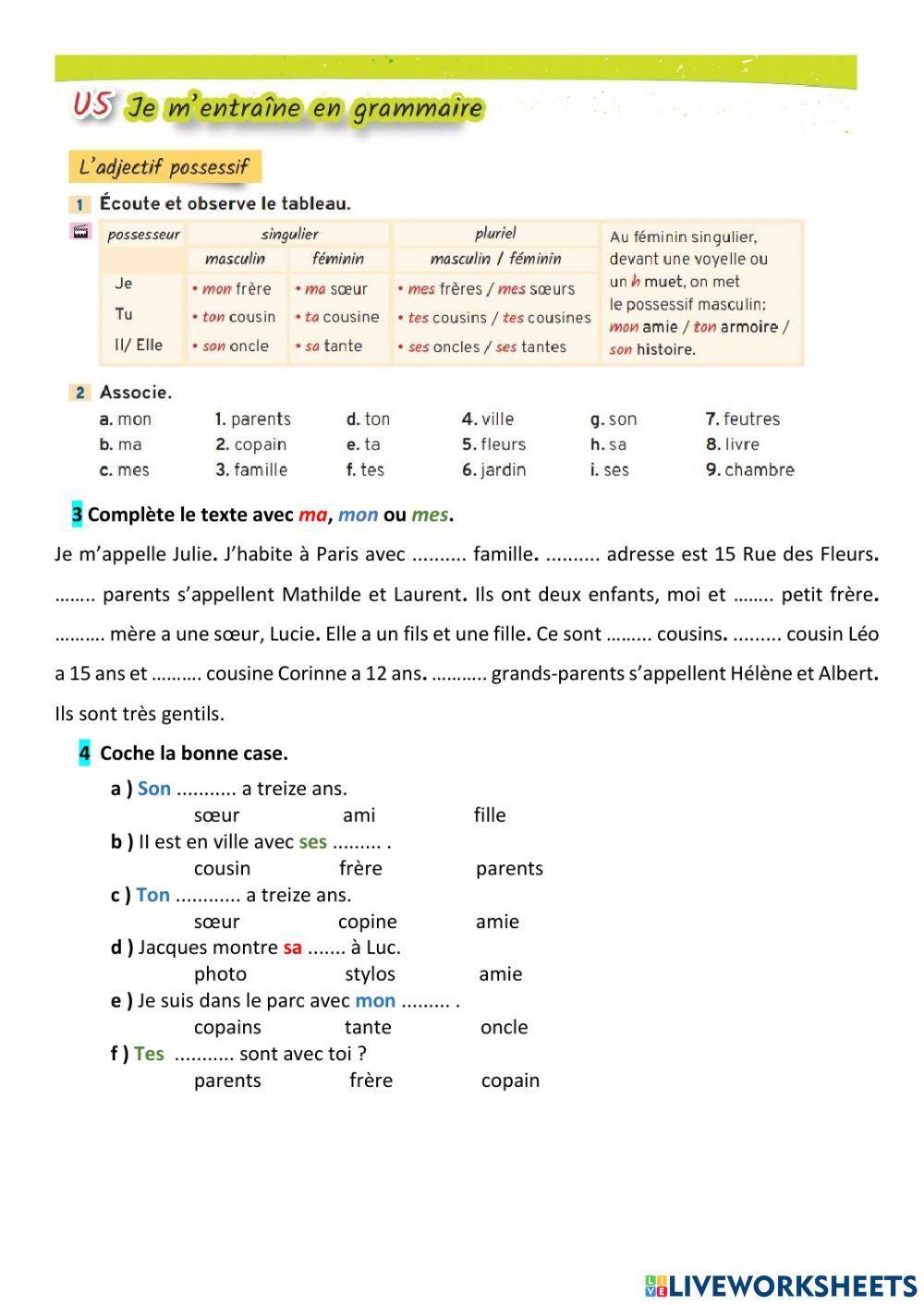L'adectif possessif A1