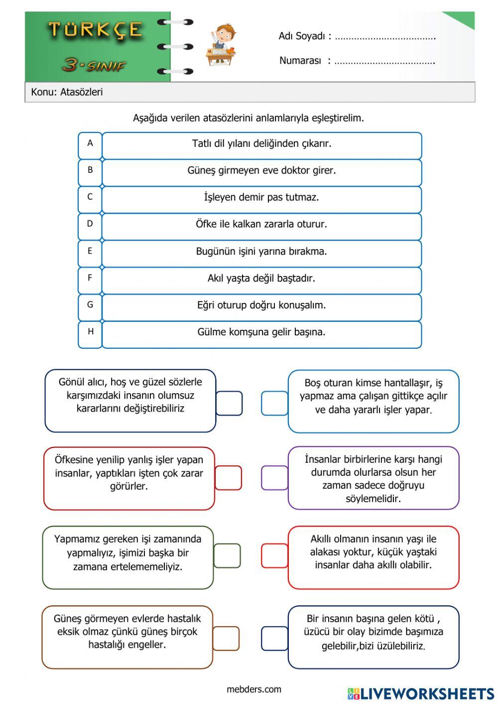 3. sınıf türkçe atasözleri