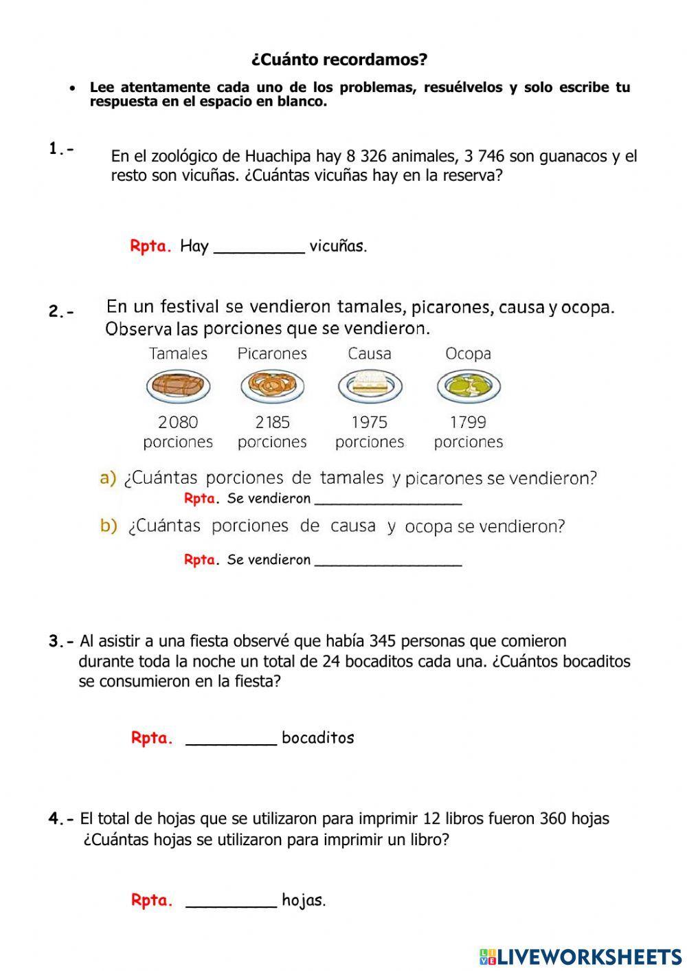 Problemas adición, sustracción, multiplicación