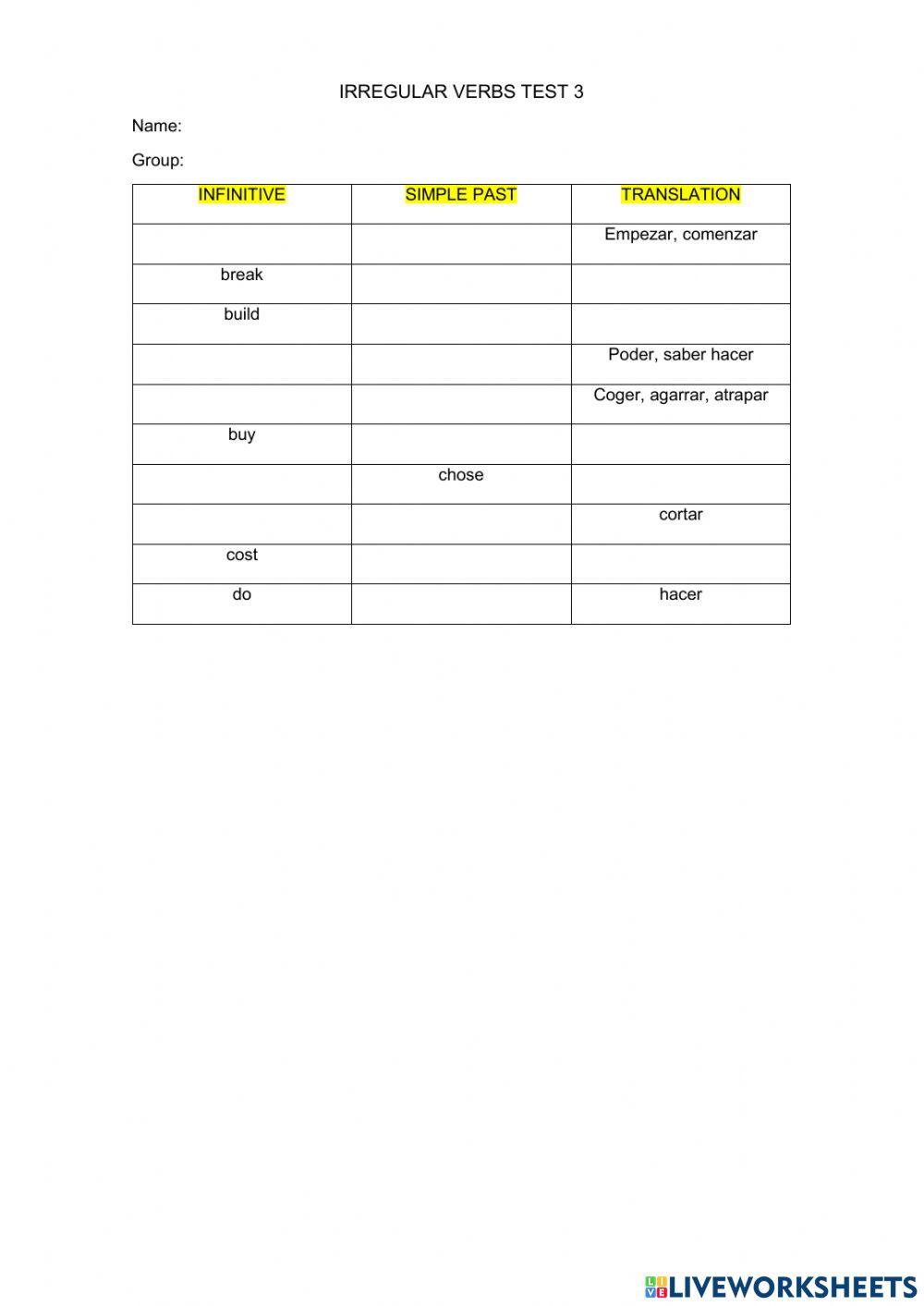Irregular Verbs Test 3