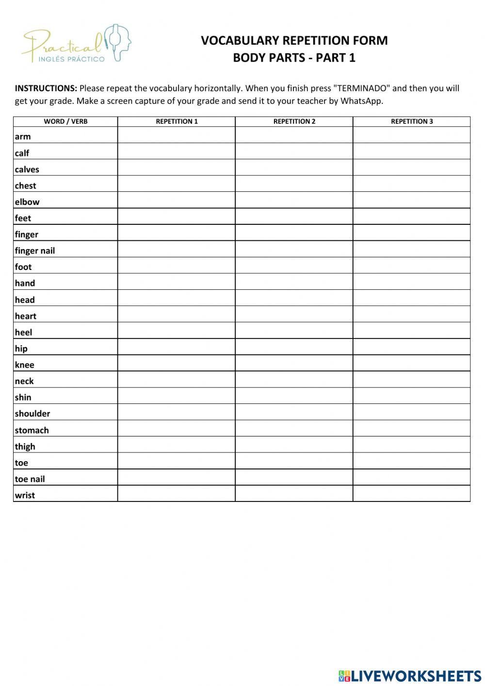 Vocabulary repetition form - body parts - 1