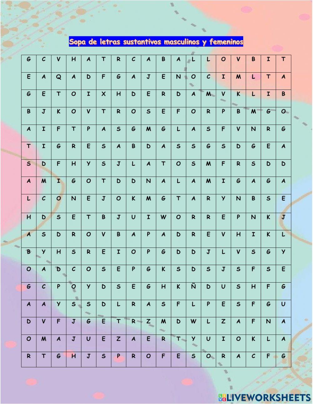 Sopa de letras sustantivos MASCULINO Y FEMENINO