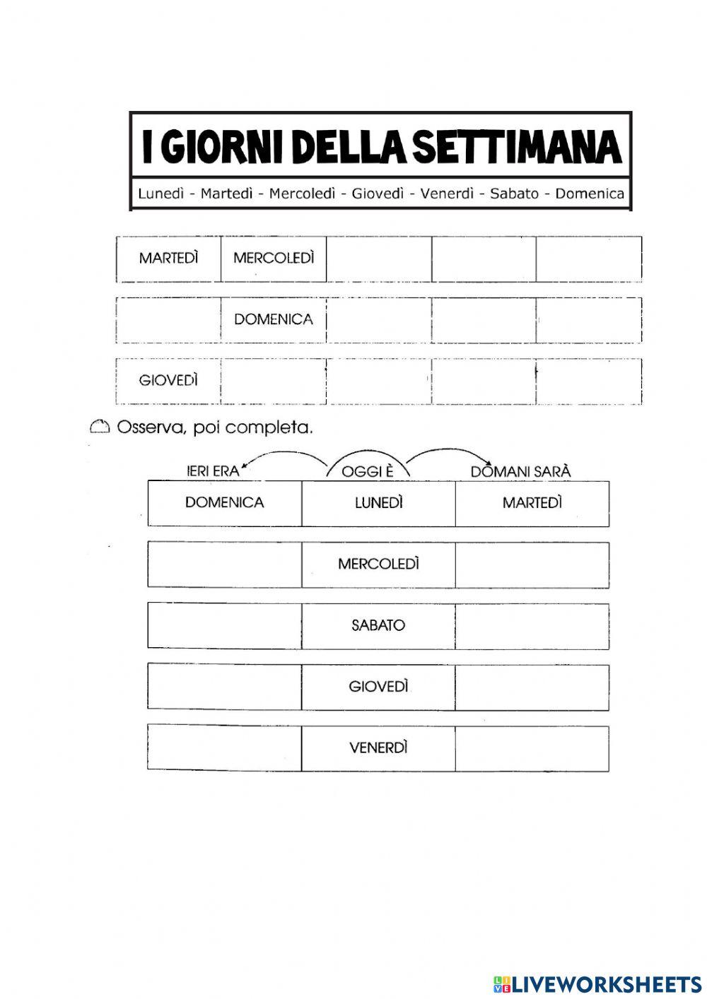 I giorni della settimana- oggi, ieri, domani