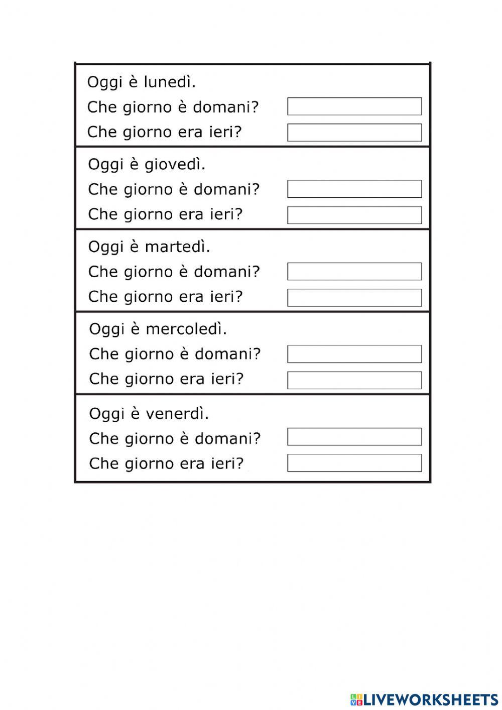 I giorni della settimana- oggi, ieri, domani